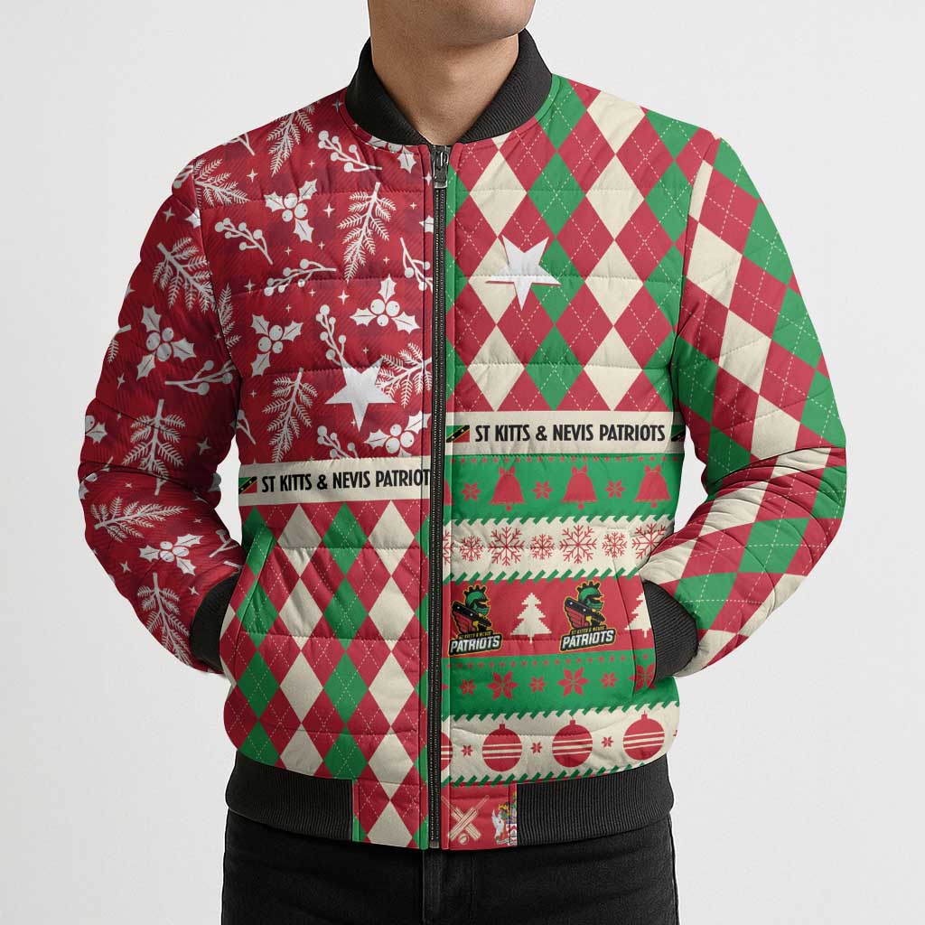 Personalized St Kitts & Nevis Cricket Christmas Bomber Puffer Jacket Merry Xmas Patriots - Wonder Print Shop