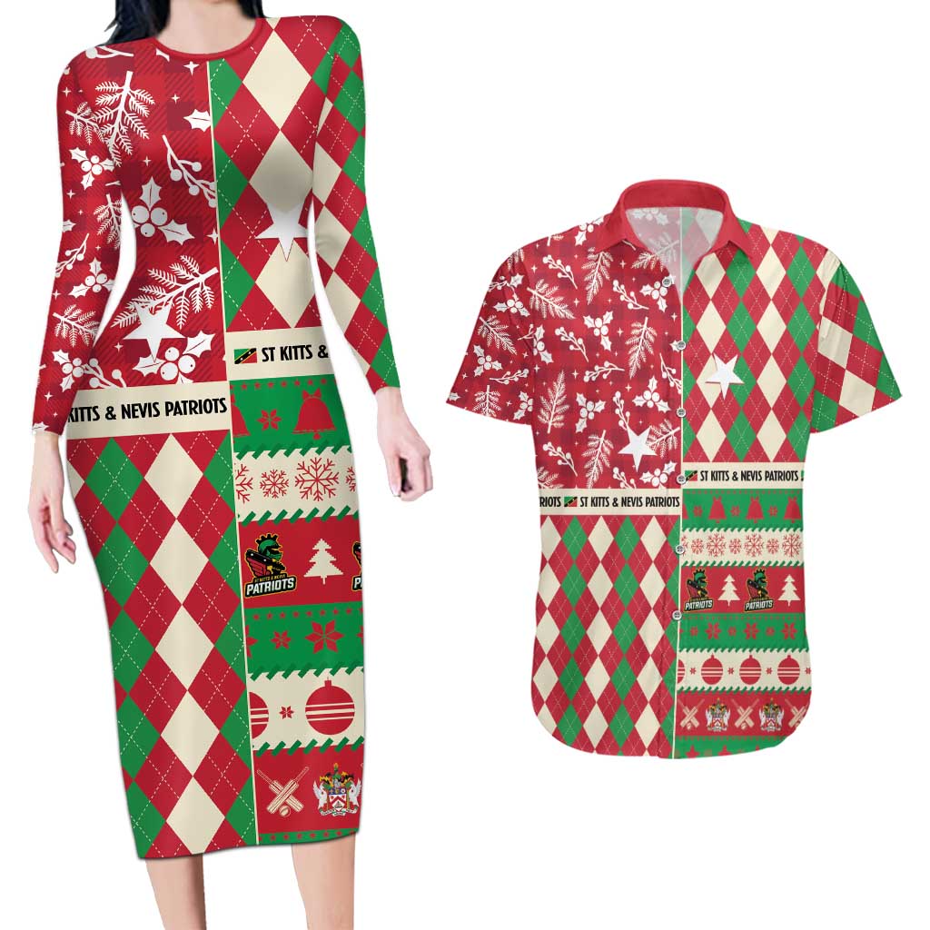Personalized St Kitts & Nevis Cricket Christmas Couples Matching Long Sleeve Bodycon Dress and Hawaiian Shirt Merry Xmas Patriots - Wonder Print Shop