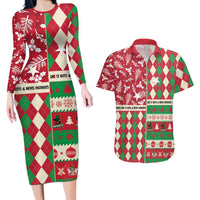 Personalized St Kitts & Nevis Cricket Christmas Couples Matching Long Sleeve Bodycon Dress and Hawaiian Shirt Merry Xmas Patriots - Wonder Print Shop