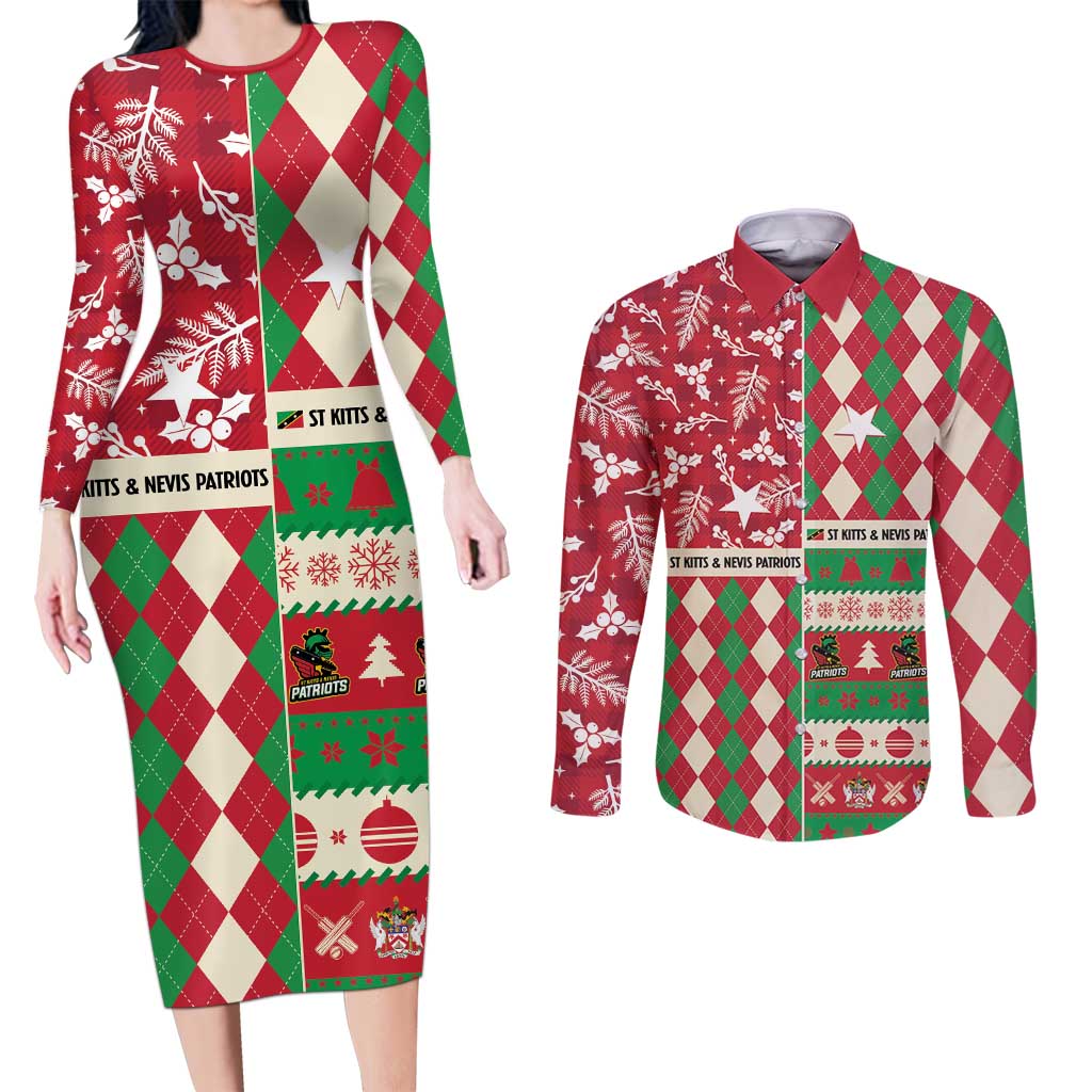 Personalized St Kitts & Nevis Cricket Christmas Couples Matching Long Sleeve Bodycon Dress and Long Sleeve Button Shirt Merry Xmas Patriots - Wonder Print Shop
