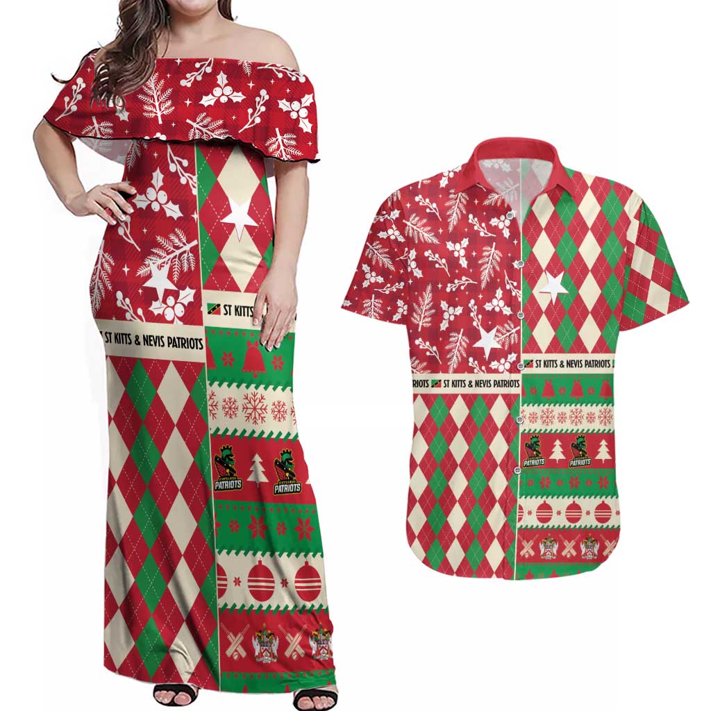Personalized St Kitts & Nevis Cricket Christmas Couples Matching Off Shoulder Maxi Dress and Hawaiian Shirt Merry Xmas Patriots - Wonder Print Shop