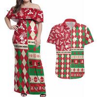 Personalized St Kitts & Nevis Cricket Christmas Couples Matching Off Shoulder Maxi Dress and Hawaiian Shirt Merry Xmas Patriots - Wonder Print Shop