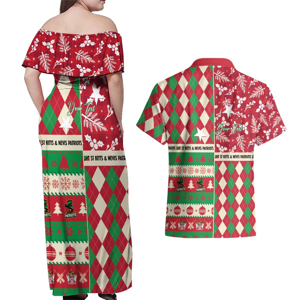 Personalized St Kitts & Nevis Cricket Christmas Couples Matching Off Shoulder Maxi Dress and Hawaiian Shirt Merry Xmas Patriots - Wonder Print Shop