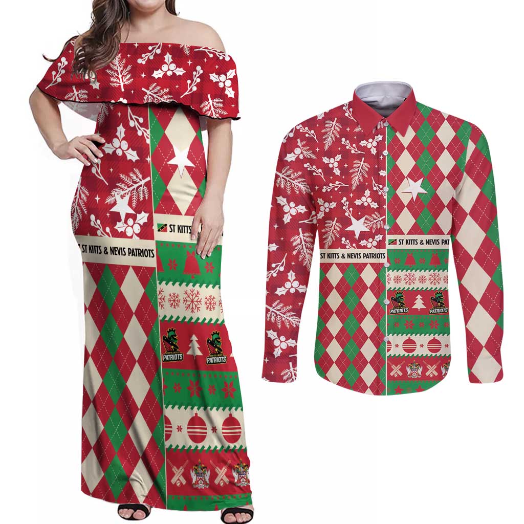 Personalized St Kitts & Nevis Cricket Christmas Couples Matching Off Shoulder Maxi Dress and Long Sleeve Button Shirt Merry Xmas Patriots - Wonder Print Shop