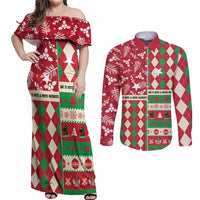 Personalized St Kitts & Nevis Cricket Christmas Couples Matching Off Shoulder Maxi Dress and Long Sleeve Button Shirt Merry Xmas Patriots - Wonder Print Shop