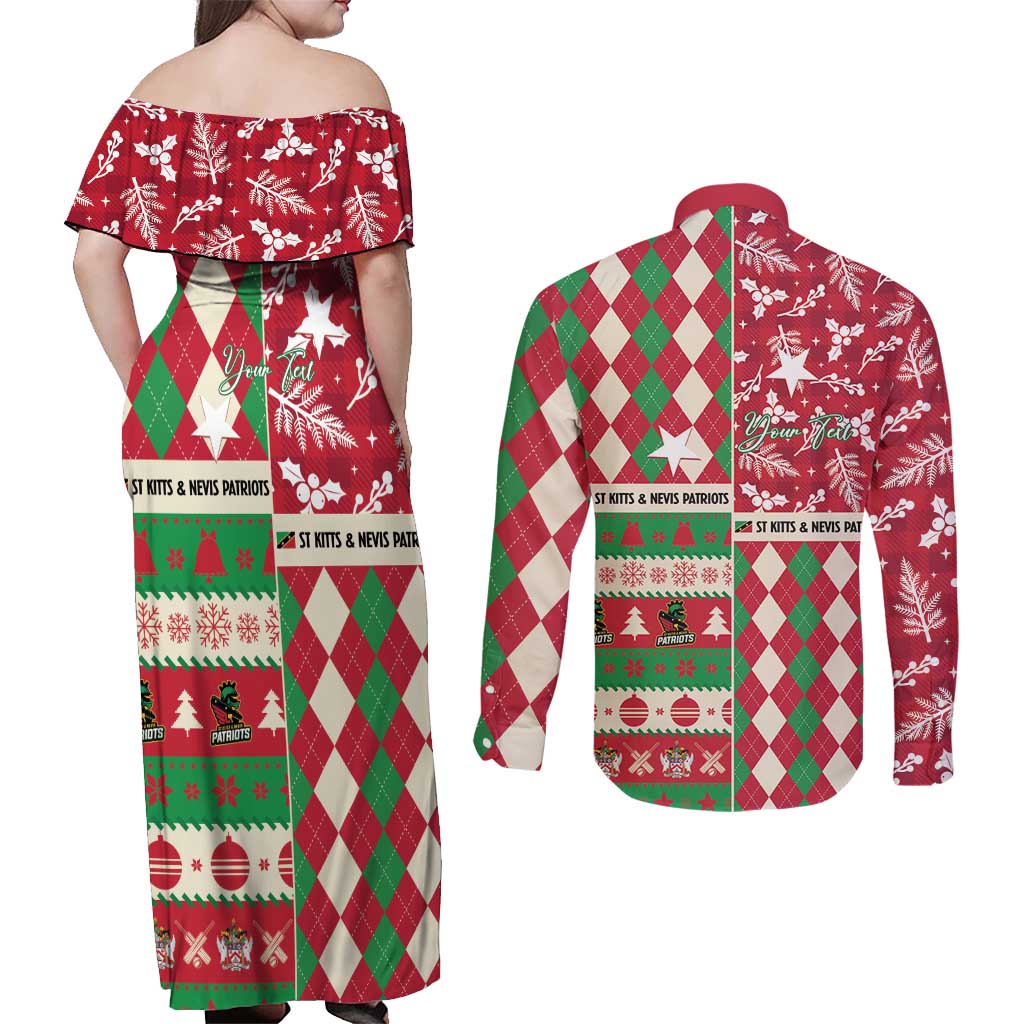 Personalized St Kitts & Nevis Cricket Christmas Couples Matching Off Shoulder Maxi Dress and Long Sleeve Button Shirt Merry Xmas Patriots - Wonder Print Shop