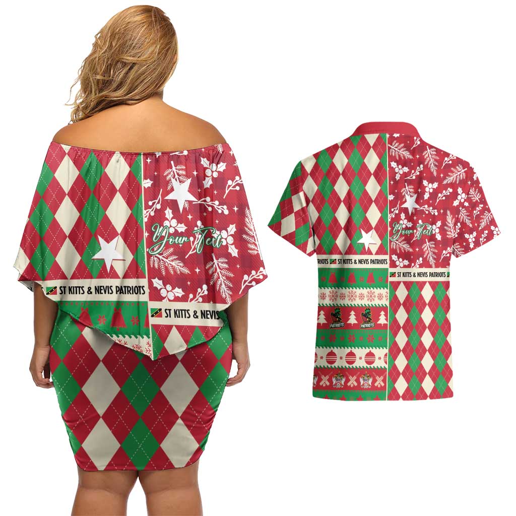 Personalized St Kitts & Nevis Cricket Christmas Couples Matching Off Shoulder Short Dress and Hawaiian Shirt Merry Xmas Patriots - Wonder Print Shop