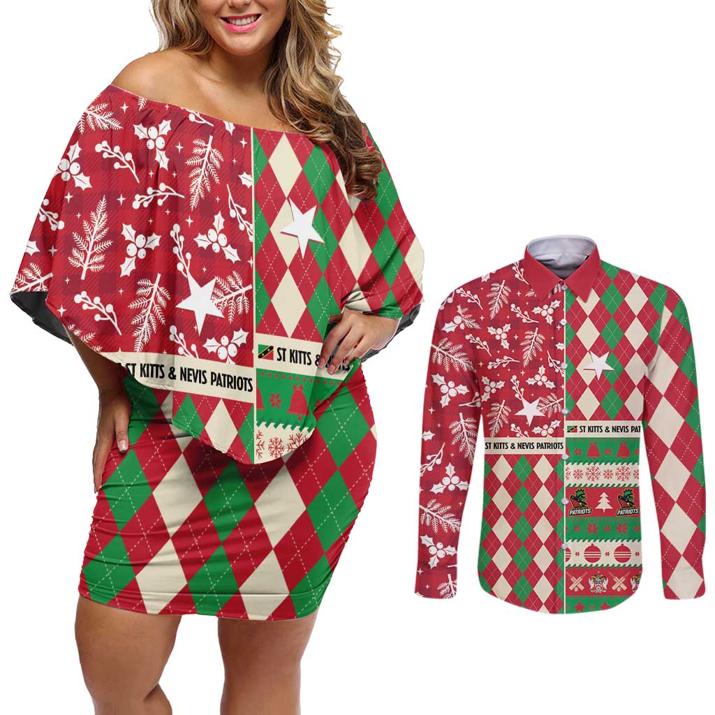 Personalized St Kitts & Nevis Cricket Christmas Couples Matching Off Shoulder Short Dress and Long Sleeve Button Shirt Merry Xmas Patriots - Wonder Print Shop