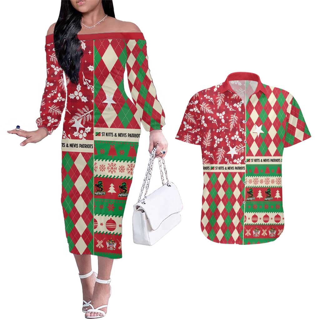 Personalized St Kitts & Nevis Cricket Christmas Couples Matching Off The Shoulder Long Sleeve Dress and Hawaiian Shirt Merry Xmas Patriots - Wonder Print Shop
