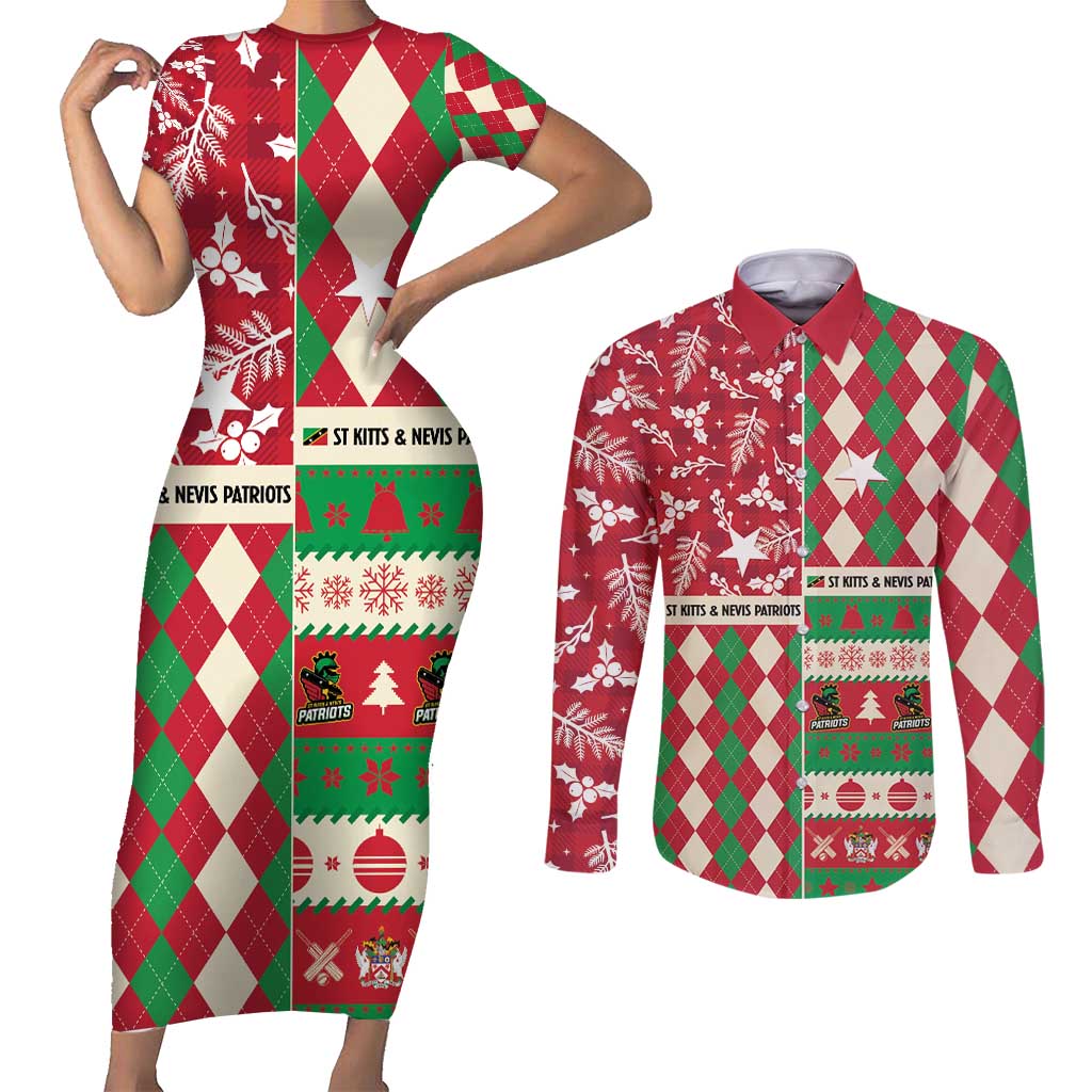 Personalized St Kitts & Nevis Cricket Christmas Couples Matching Short Sleeve Bodycon Dress and Long Sleeve Button Shirt Merry Xmas Patriots - Wonder Print Shop