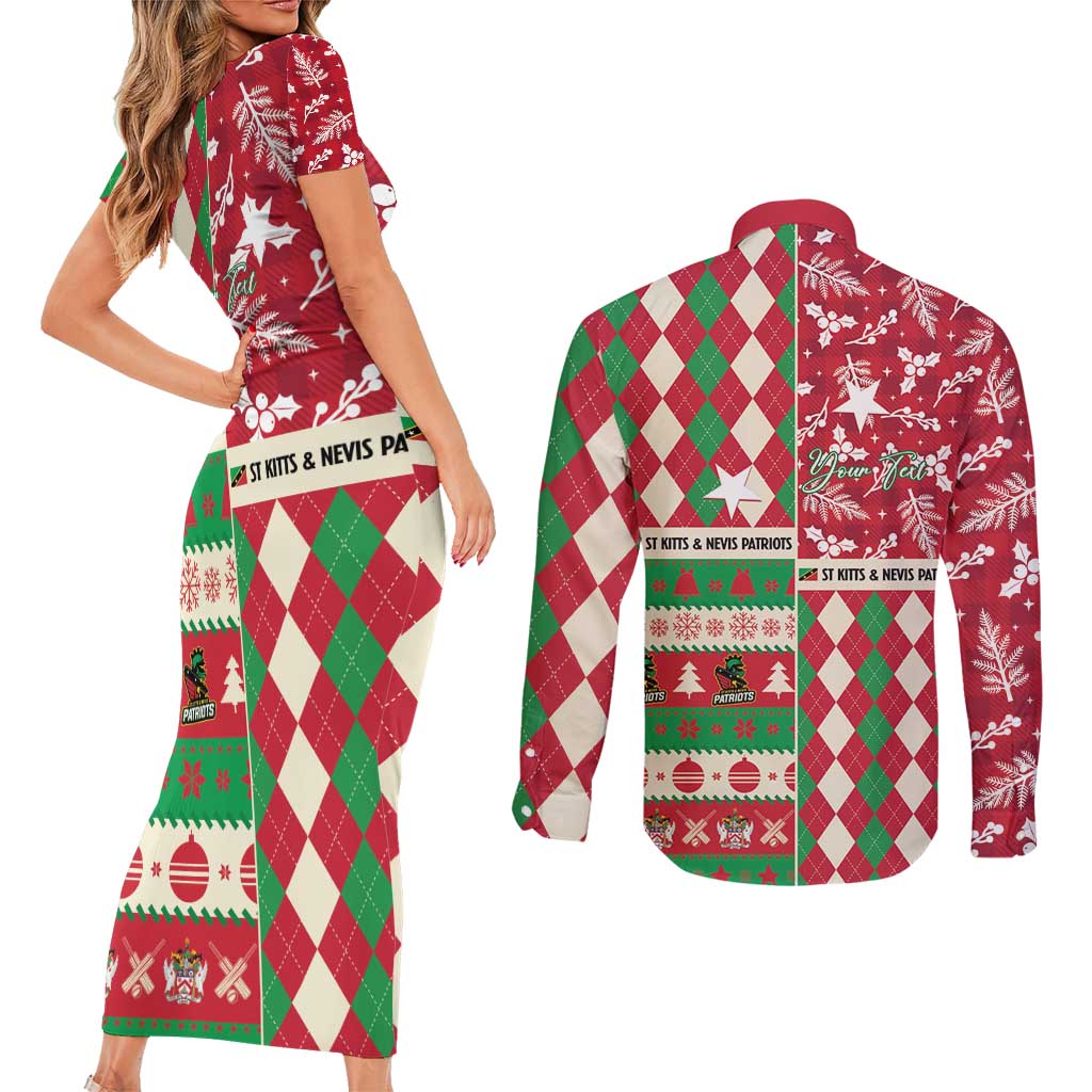 Personalized St Kitts & Nevis Cricket Christmas Couples Matching Short Sleeve Bodycon Dress and Long Sleeve Button Shirt Merry Xmas Patriots - Wonder Print Shop