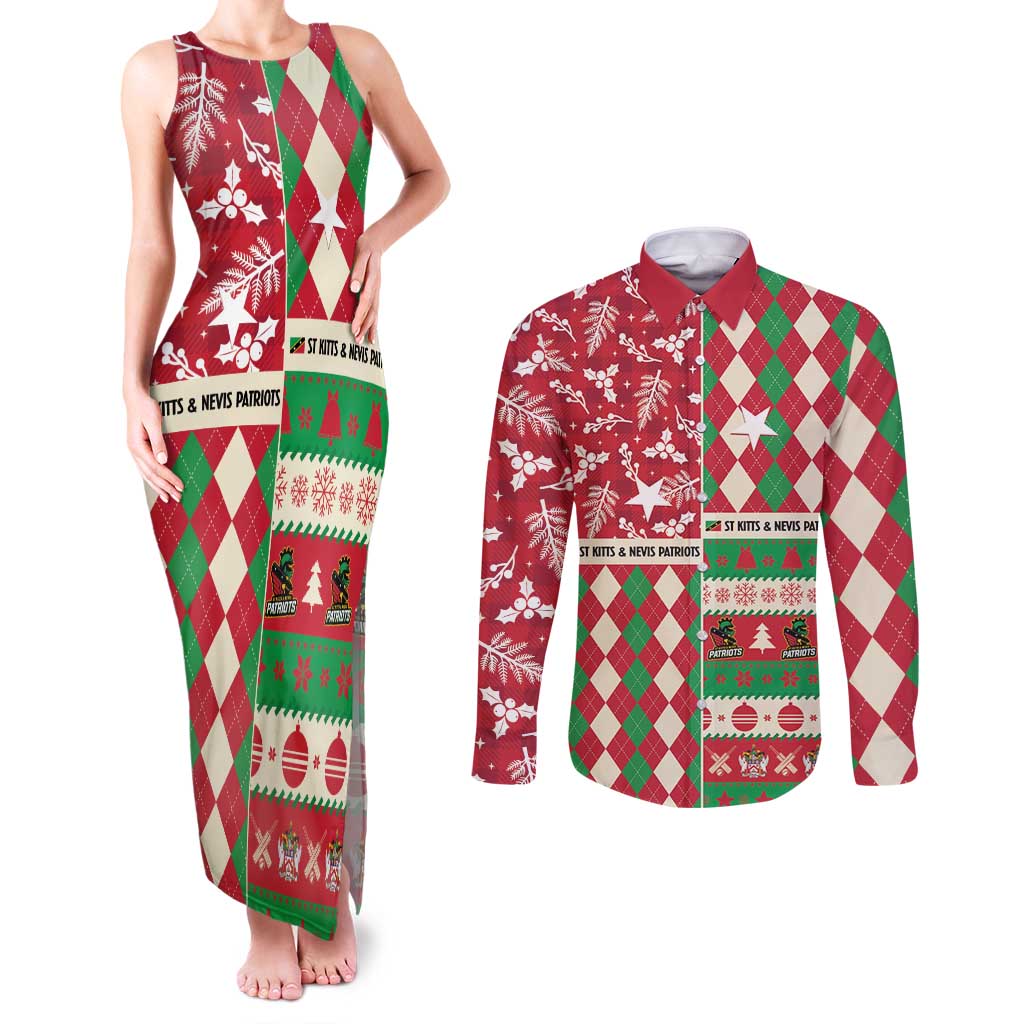 Personalized St Kitts & Nevis Cricket Christmas Couples Matching Tank Maxi Dress and Long Sleeve Button Shirt Merry Xmas Patriots - Wonder Print Shop