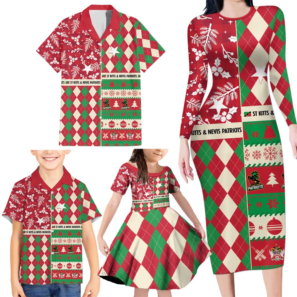 Personalized St Kitts & Nevis Cricket Christmas Family Matching Long Sleeve Bodycon Dress and Hawaiian Shirt Merry Xmas Patriots - Wonder Print Shop