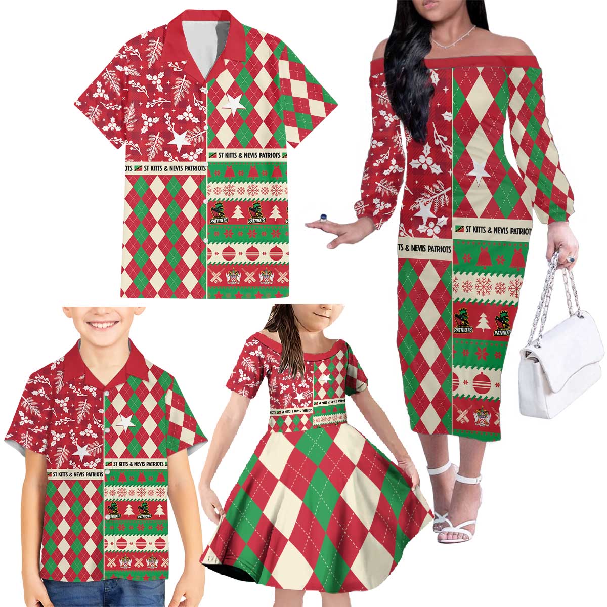 Personalized St Kitts & Nevis Cricket Christmas Family Matching Off The Shoulder Long Sleeve Dress and Hawaiian Shirt Merry Xmas Patriots - Wonder Print Shop