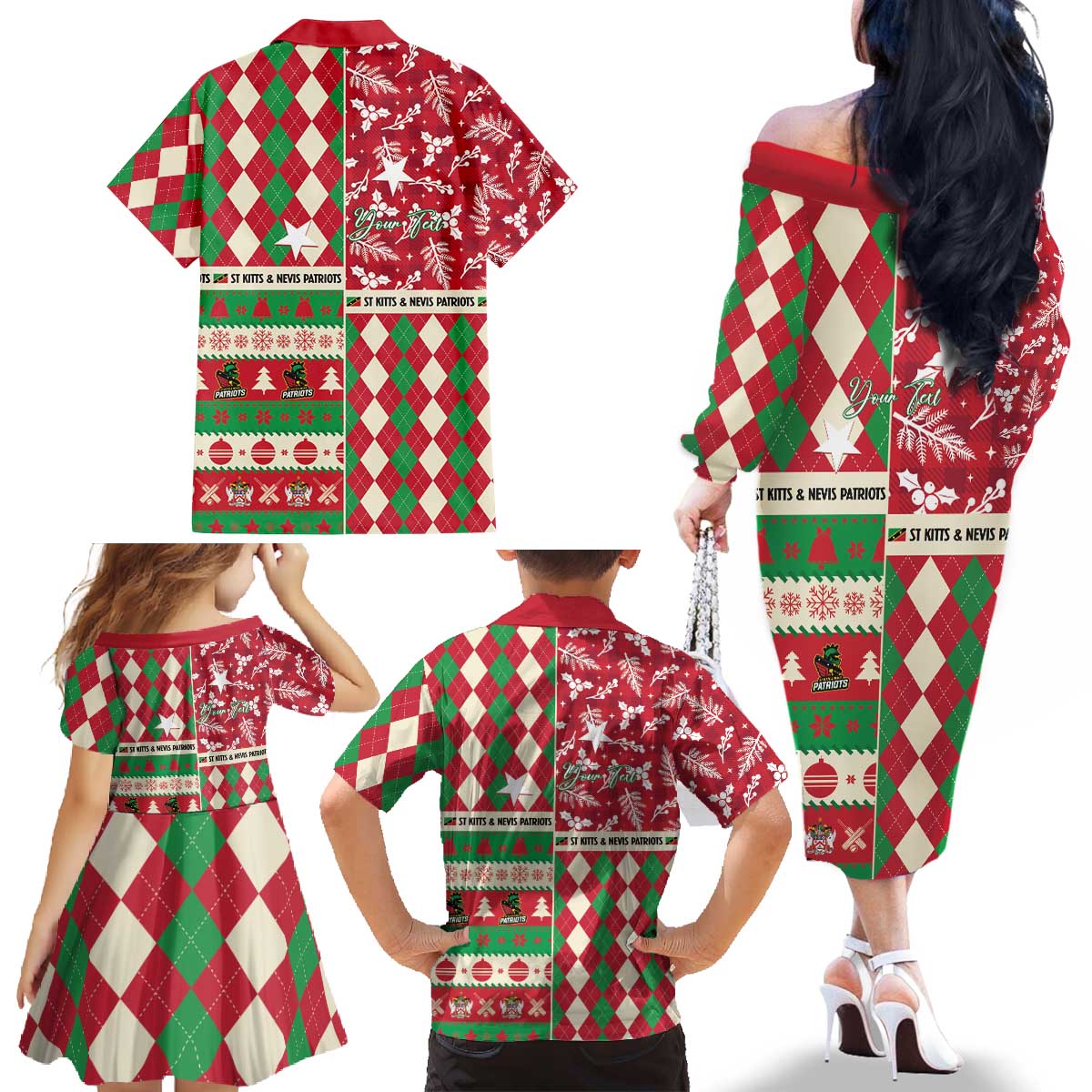 Personalized St Kitts & Nevis Cricket Christmas Family Matching Off The Shoulder Long Sleeve Dress and Hawaiian Shirt Merry Xmas Patriots - Wonder Print Shop