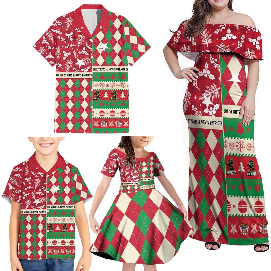 Personalized St Kitts & Nevis Cricket Christmas Family Matching Off Shoulder Maxi Dress and Hawaiian Shirt Merry Xmas Patriots - Wonder Print Shop