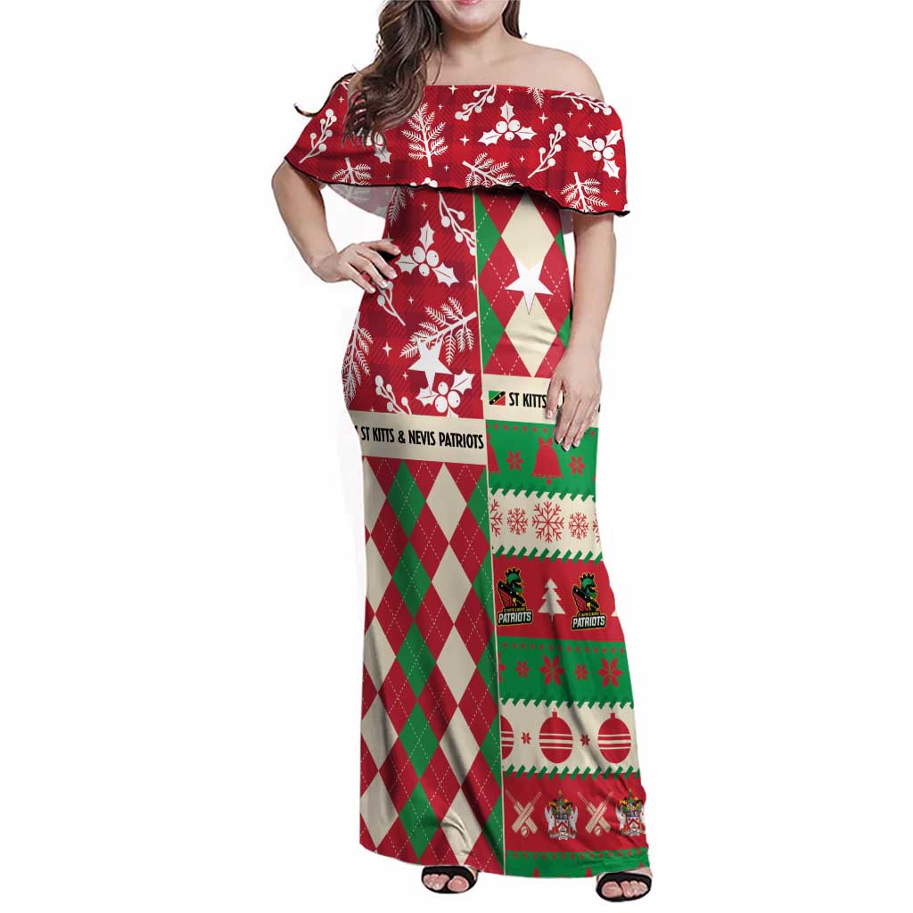 Personalized St Kitts & Nevis Cricket Christmas Family Matching Off Shoulder Maxi Dress and Hawaiian Shirt Merry Xmas Patriots - Wonder Print Shop