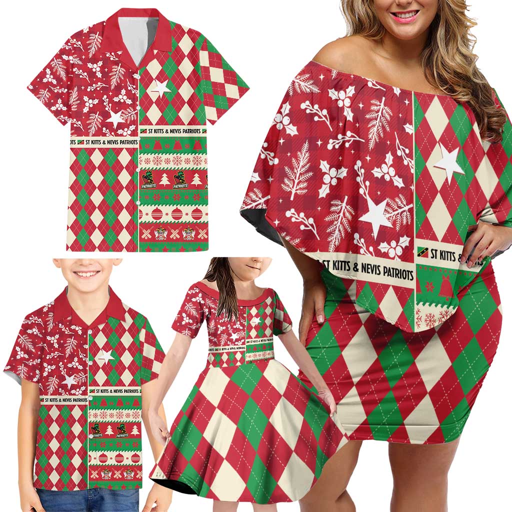 Personalized St Kitts & Nevis Cricket Christmas Family Matching Off Shoulder Short Dress and Hawaiian Shirt Merry Xmas Patriots - Wonder Print Shop
