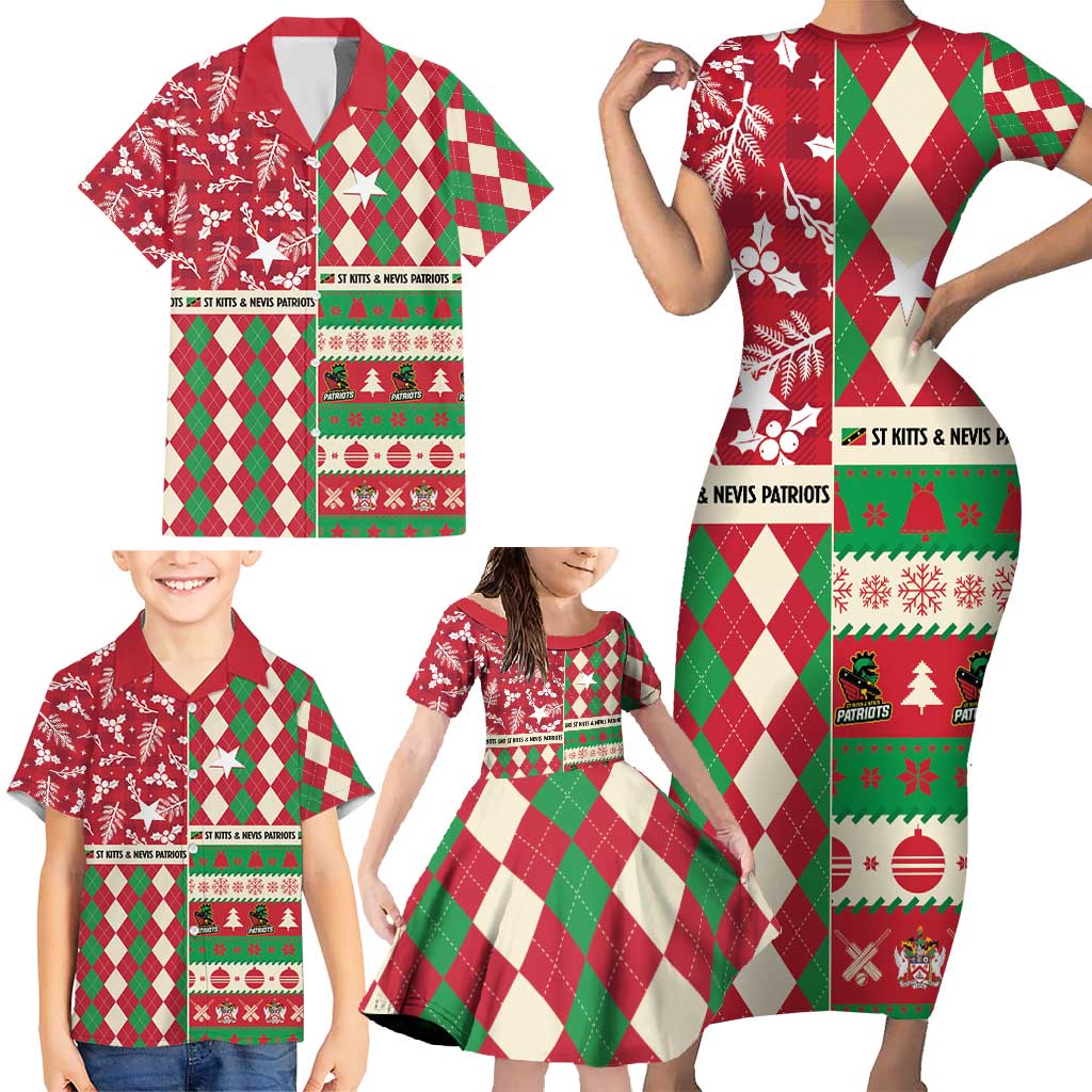 Personalized St Kitts & Nevis Cricket Christmas Family Matching Short Sleeve Bodycon Dress and Hawaiian Shirt Merry Xmas Patriots - Wonder Print Shop