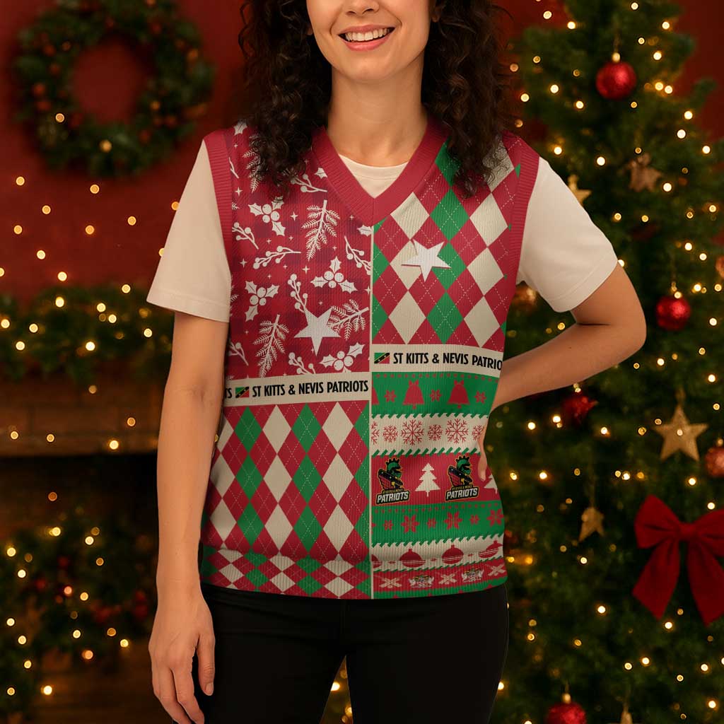 Personalized St Kitts and Nevis Cricket Christmas Knitted V-Neck Vest Merry Xmas Patriots - Wonder Print Shop