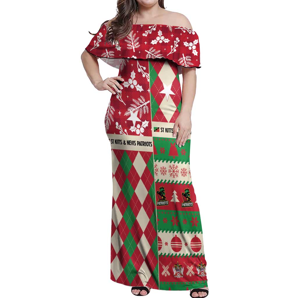 Personalized St Kitts & Nevis Cricket Christmas Off Shoulder Maxi Dress Merry Xmas Patriots - Wonder Print Shop