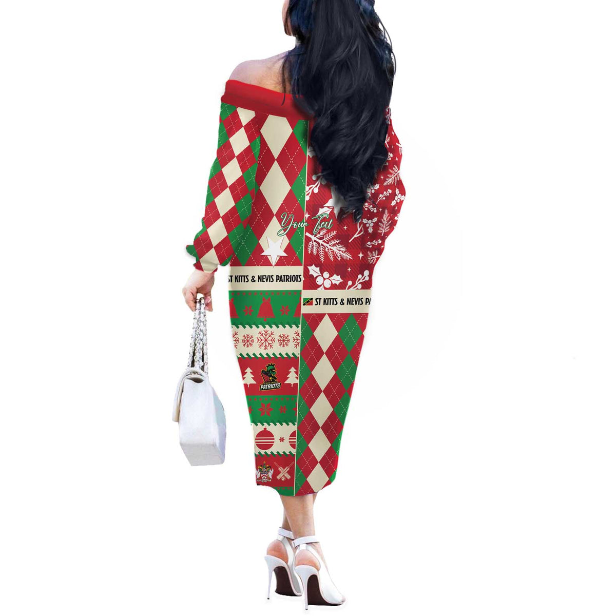 Personalized St Kitts & Nevis Cricket Christmas Off The Shoulder Long Sleeve Dress Merry Xmas Patriots - Wonder Print Shop