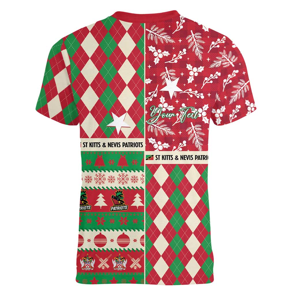 Personalized St Kitts & Nevis Cricket Christmas Women V-Neck T-Shirt Merry Xmas Patriots - Wonder Print Shop