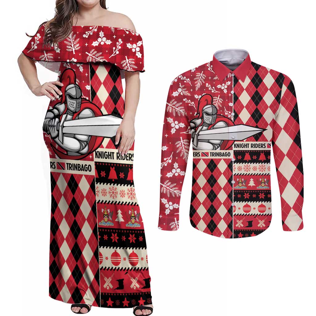 Personalized Trinbago Cricket Christmas Couples Matching Off Shoulder Maxi Dress and Long Sleeve Button Shirt Merry Xmas Knight Riders - Wonder Print Shop