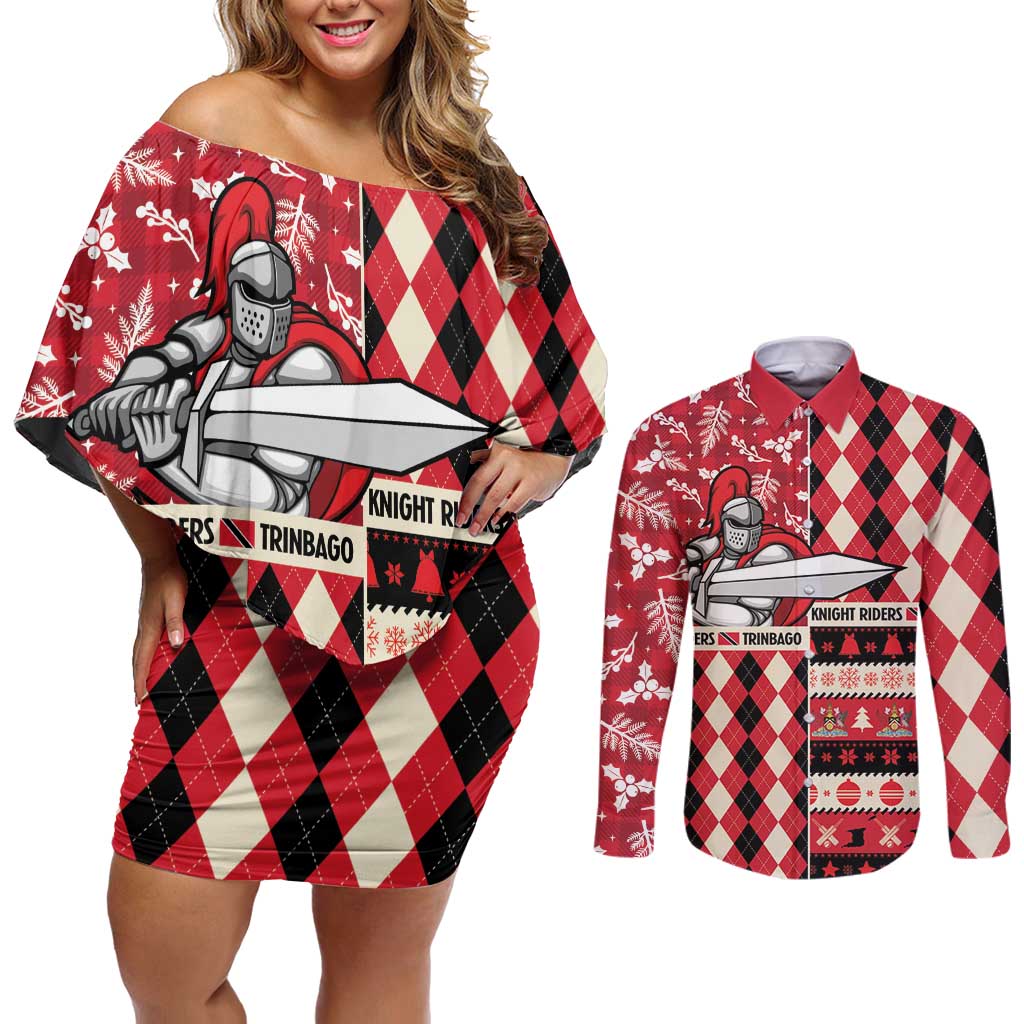 Personalized Trinbago Cricket Christmas Couples Matching Off Shoulder Short Dress and Long Sleeve Button Shirt Merry Xmas Knight Riders - Wonder Print Shop