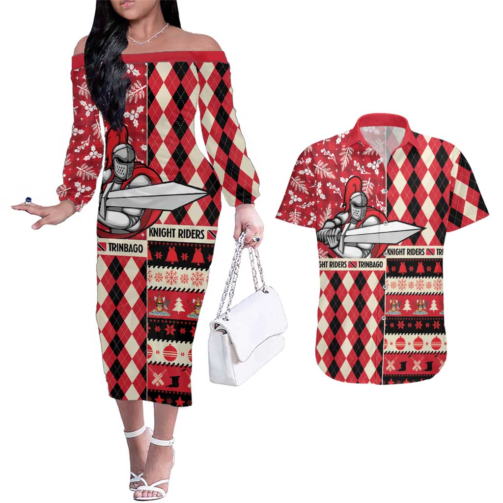 Personalized Trinbago Cricket Christmas Couples Matching Off The Shoulder Long Sleeve Dress and Hawaiian Shirt Merry Xmas Knight Riders - Wonder Print Shop