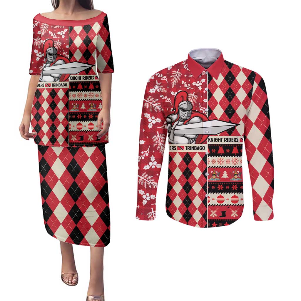 Personalized Trinbago Cricket Christmas Couples Matching Puletasi and Long Sleeve Button Shirt Merry Xmas Knight Riders - Wonder Print Shop