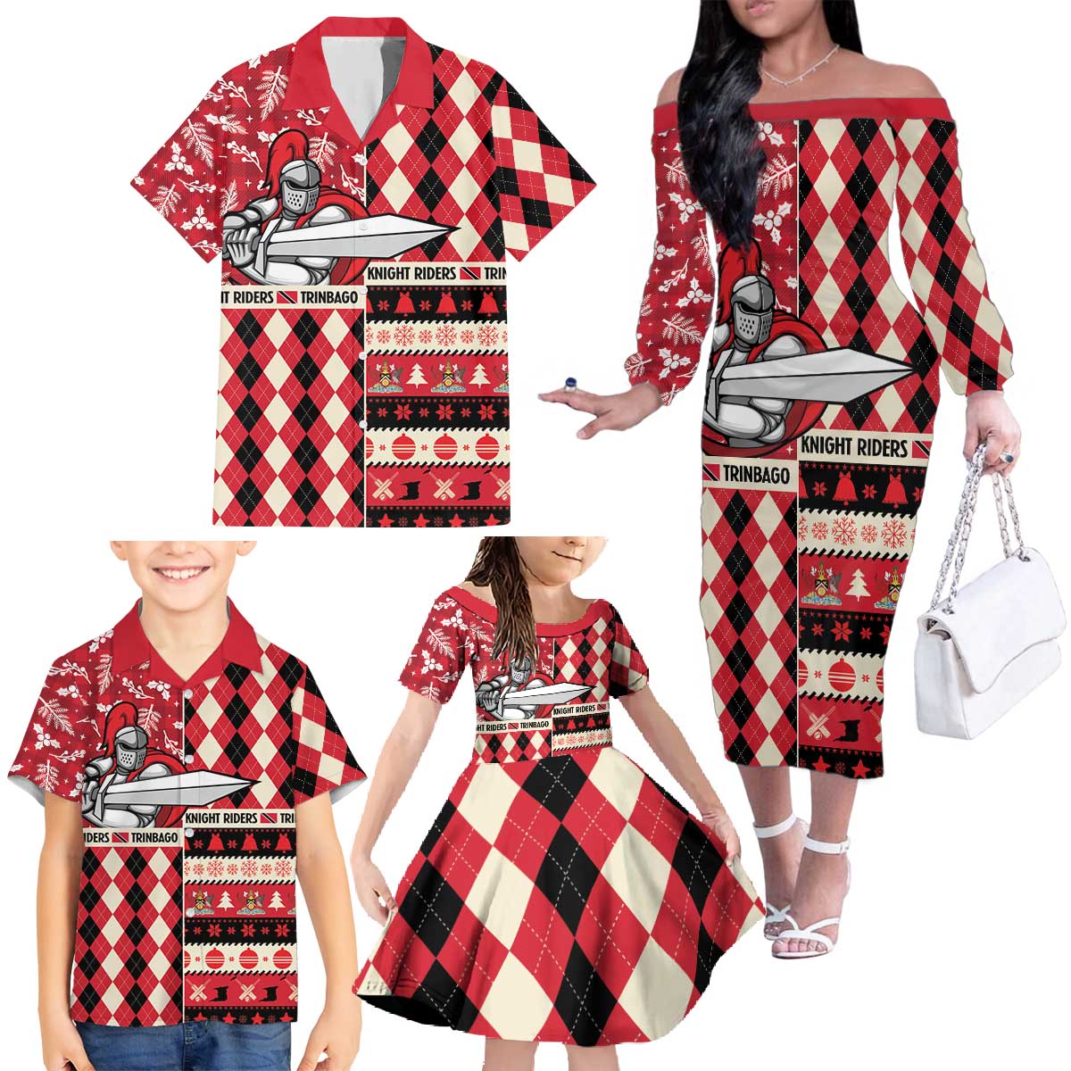 Personalized Trinbago Cricket Christmas Family Matching Off The Shoulder Long Sleeve Dress and Hawaiian Shirt Merry Xmas Knight Riders - Wonder Print Shop