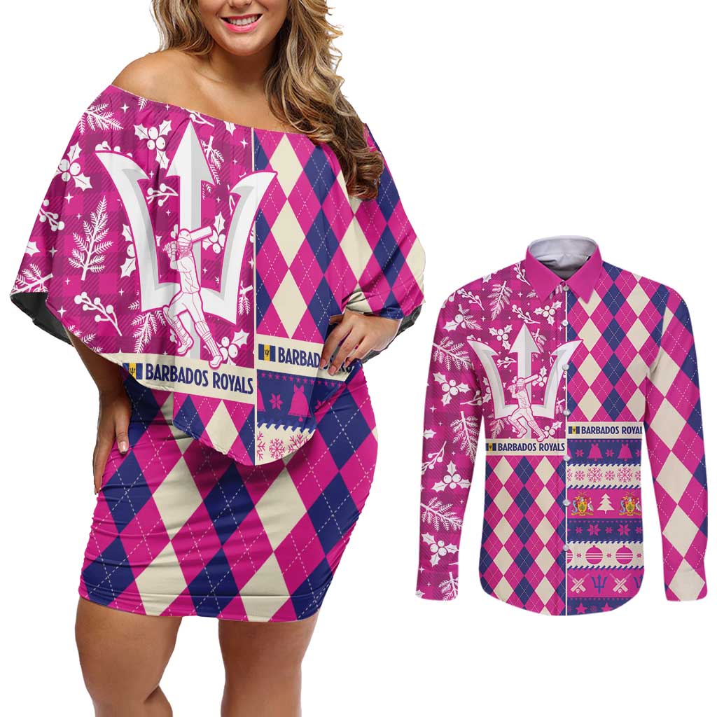 Personalized Barbados Cricket Christmas Couples Matching Off Shoulder Short Dress and Long Sleeve Button Shirt Merry Xmas Royals - Wonder Print Shop