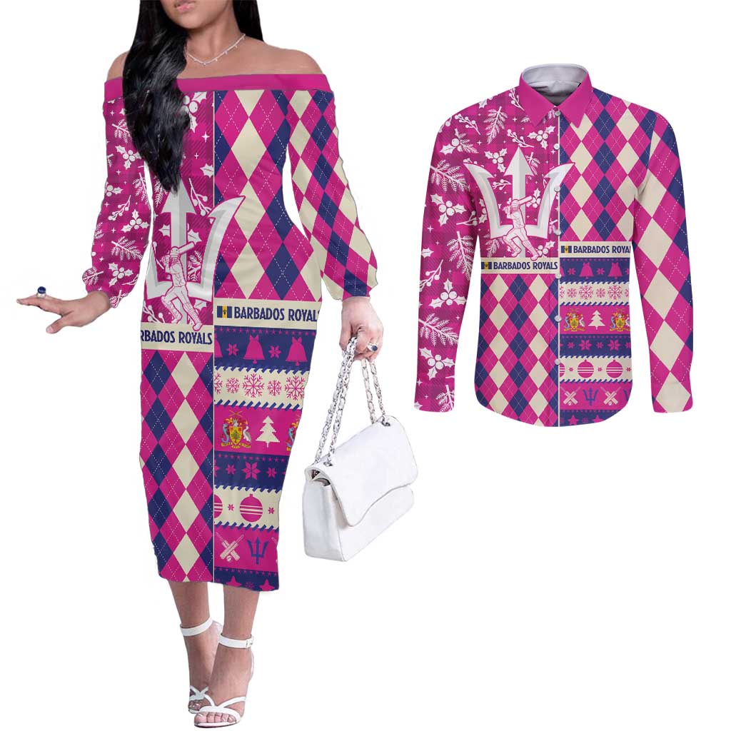 Personalized Barbados Cricket Christmas Couples Matching Off The Shoulder Long Sleeve Dress and Long Sleeve Button Shirt Merry Xmas Royals - Wonder Print Shop