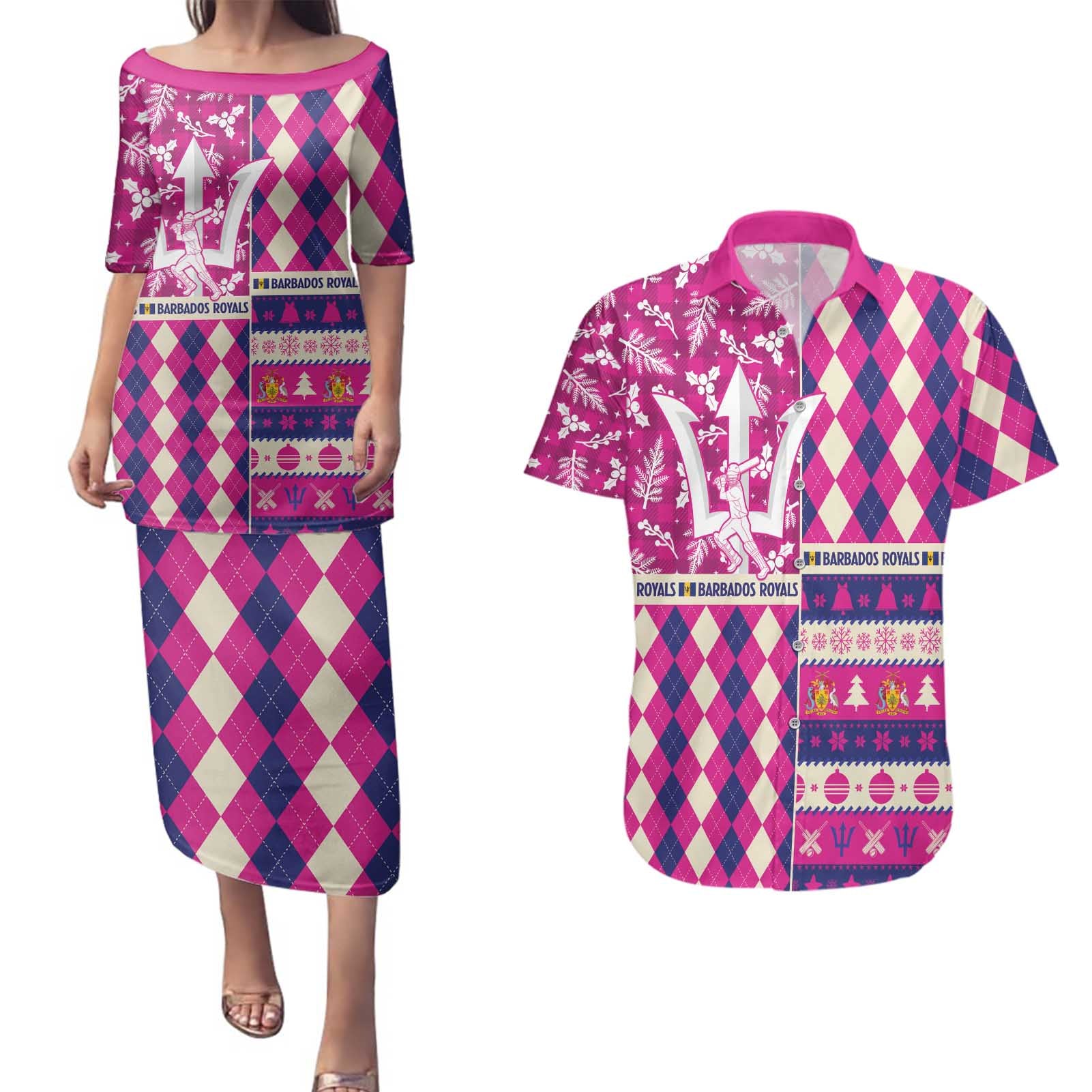 Personalized Barbados Cricket Christmas Couples Matching Puletasi and Hawaiian Shirt Merry Xmas Royals - Wonder Print Shop