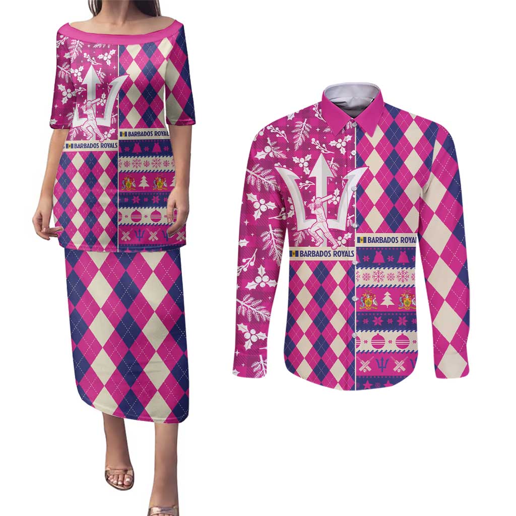 Personalized Barbados Cricket Christmas Couples Matching Puletasi and Long Sleeve Button Shirt Merry Xmas Royals - Wonder Print Shop