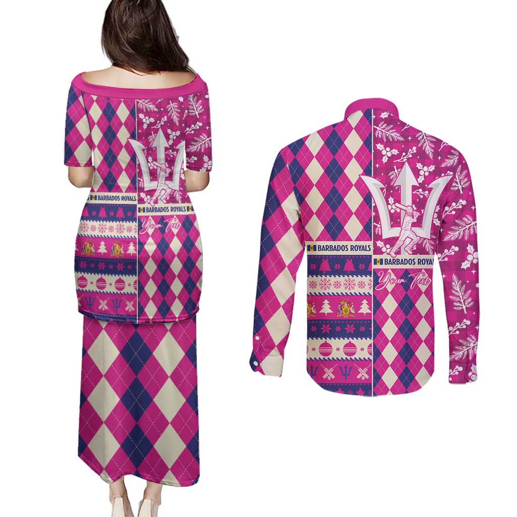 Personalized Barbados Cricket Christmas Couples Matching Puletasi and Long Sleeve Button Shirt Merry Xmas Royals - Wonder Print Shop