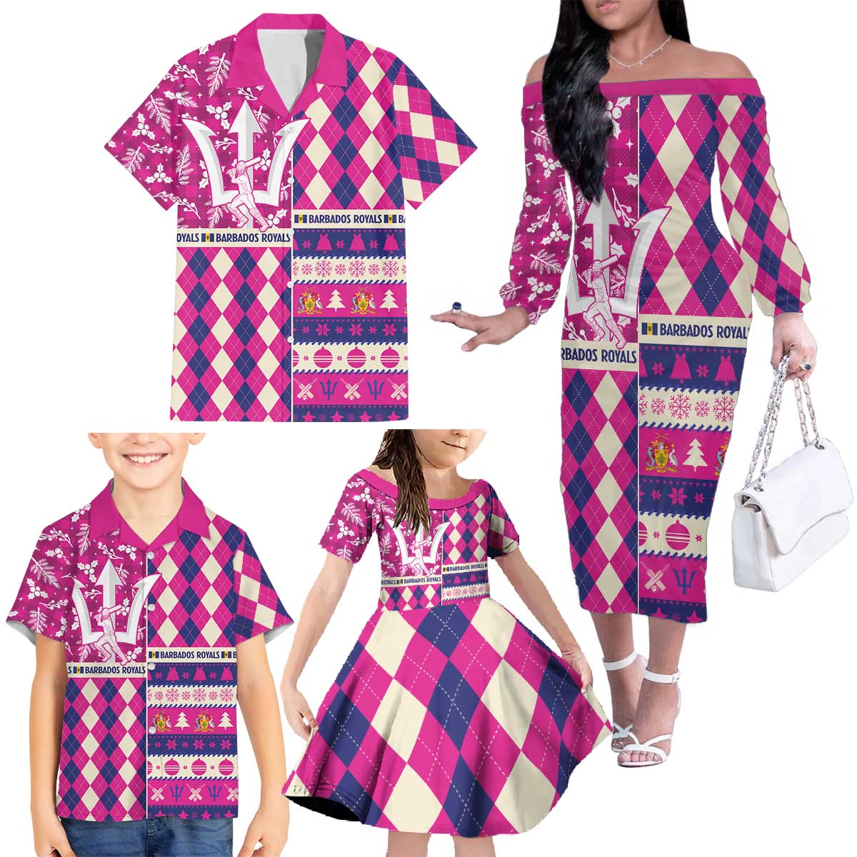 Personalized Barbados Cricket Christmas Family Matching Off The Shoulder Long Sleeve Dress and Hawaiian Shirt Merry Xmas Royals - Wonder Print Shop