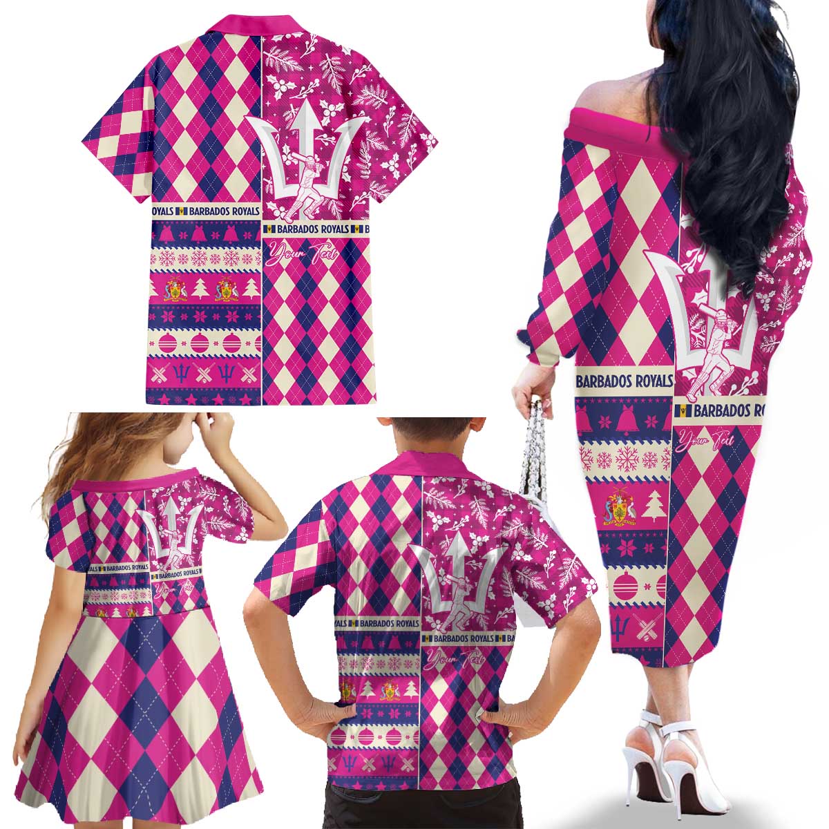 Personalized Barbados Cricket Christmas Family Matching Off The Shoulder Long Sleeve Dress and Hawaiian Shirt Merry Xmas Royals - Wonder Print Shop