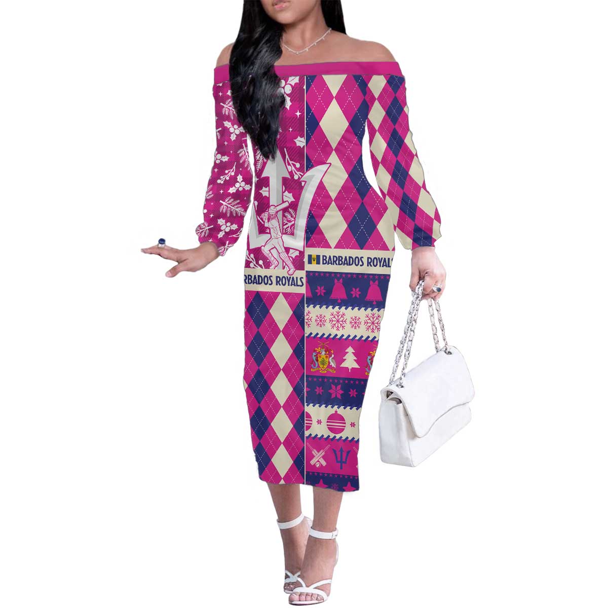 Personalized Barbados Cricket Christmas Family Matching Off The Shoulder Long Sleeve Dress and Hawaiian Shirt Merry Xmas Royals - Wonder Print Shop