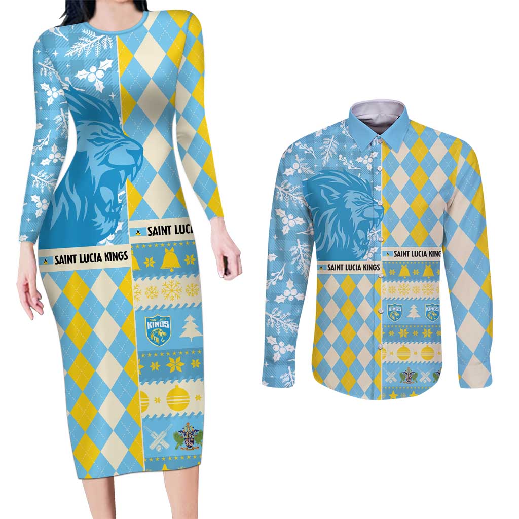 Personalized St Lucia Cricket Christmas Couples Matching Long Sleeve Bodycon Dress and Long Sleeve Button Shirt Merry Xmas Kings - Wonder Print Shop
