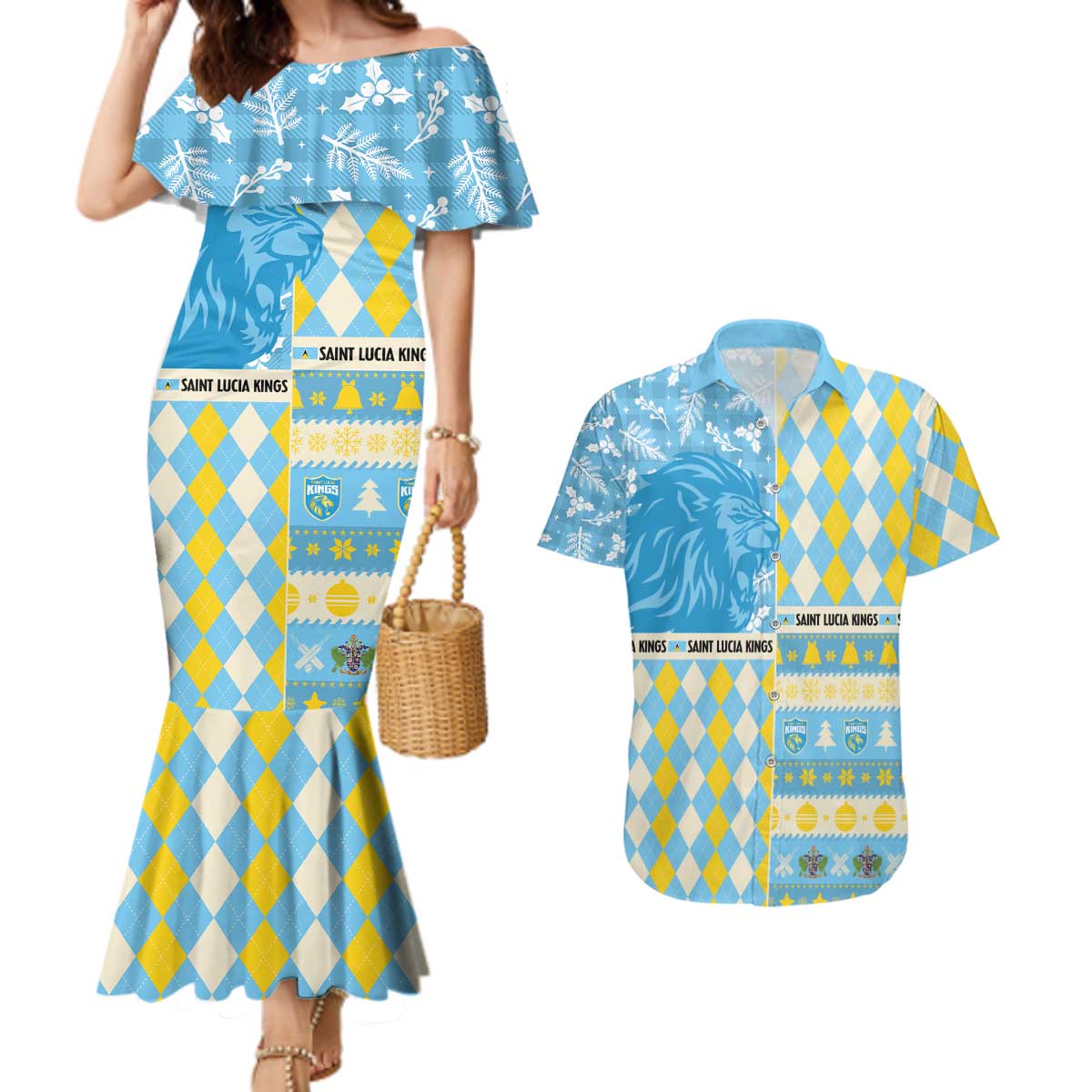 Personalized St Lucia Cricket Christmas Couples Matching Mermaid Dress and Hawaiian Shirt Merry Xmas Kings - Wonder Print Shop