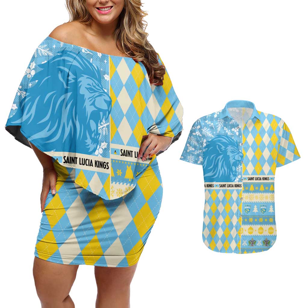 Personalized St Lucia Cricket Christmas Couples Matching Off Shoulder Short Dress and Hawaiian Shirt Merry Xmas Kings - Wonder Print Shop