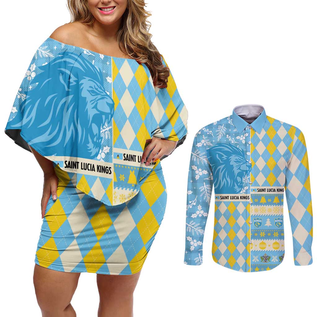 Personalized St Lucia Cricket Christmas Couples Matching Off Shoulder Short Dress and Long Sleeve Button Shirt Merry Xmas Kings - Wonder Print Shop