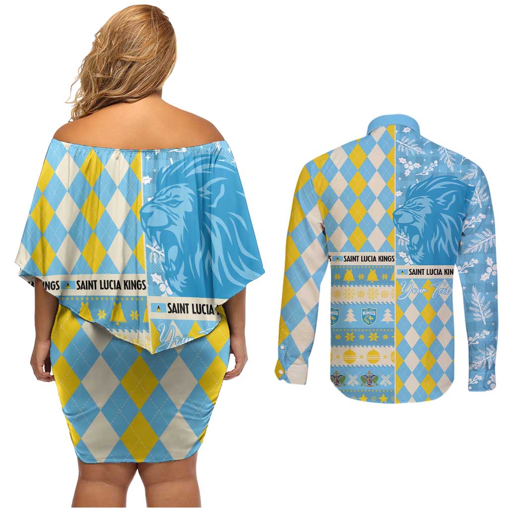 Personalized St Lucia Cricket Christmas Couples Matching Off Shoulder Short Dress and Long Sleeve Button Shirt Merry Xmas Kings - Wonder Print Shop