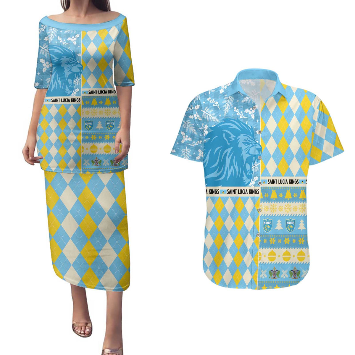 Personalized St Lucia Cricket Christmas Couples Matching Puletasi and Hawaiian Shirt Merry Xmas Kings - Wonder Print Shop