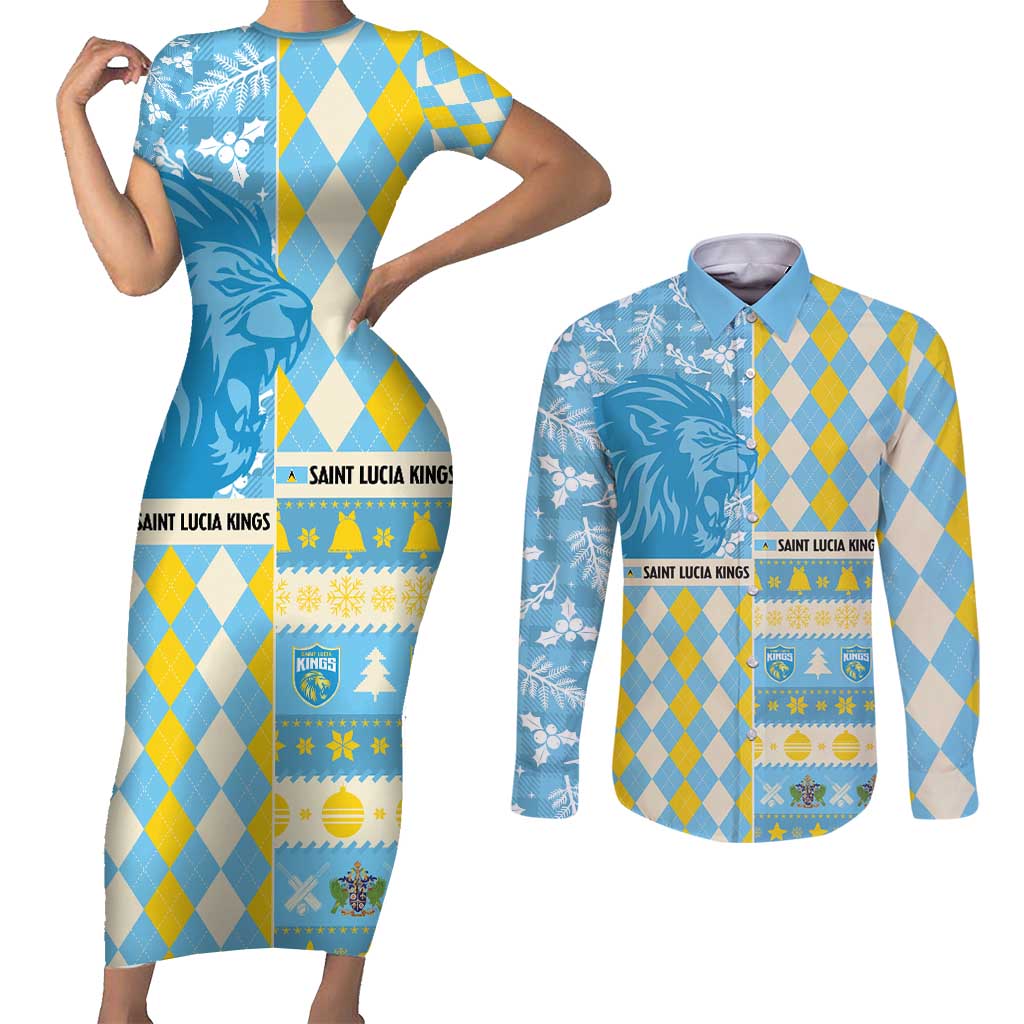 Personalized St Lucia Cricket Christmas Couples Matching Short Sleeve Bodycon Dress and Long Sleeve Button Shirt Merry Xmas Kings - Wonder Print Shop