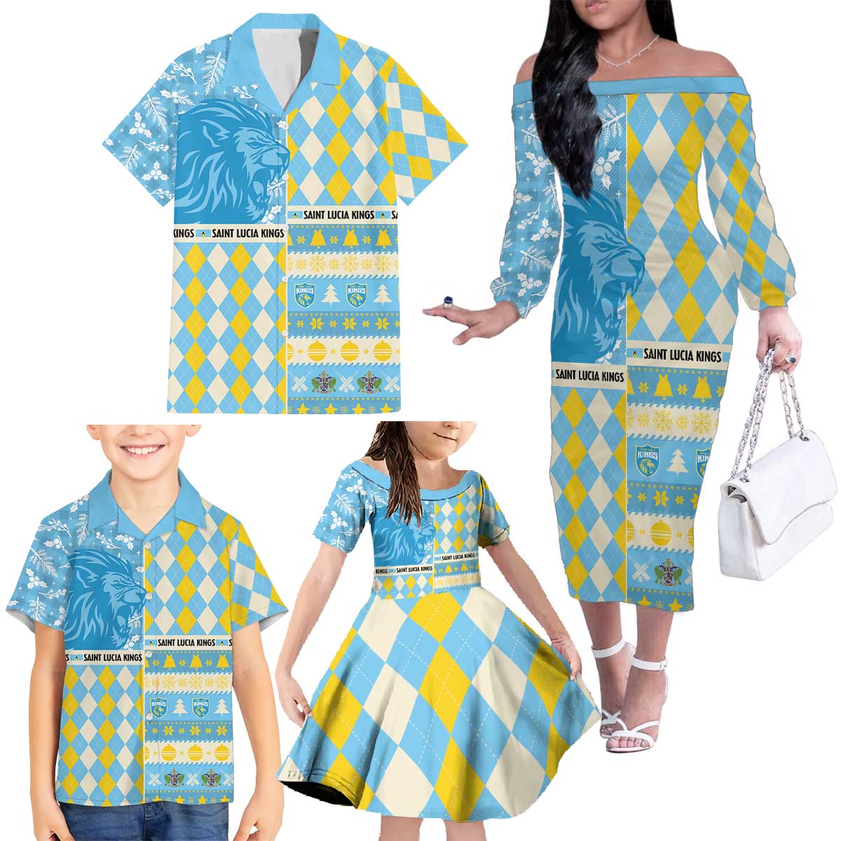 Personalized St Lucia Cricket Christmas Family Matching Off The Shoulder Long Sleeve Dress and Hawaiian Shirt Merry Xmas Kings - Wonder Print Shop