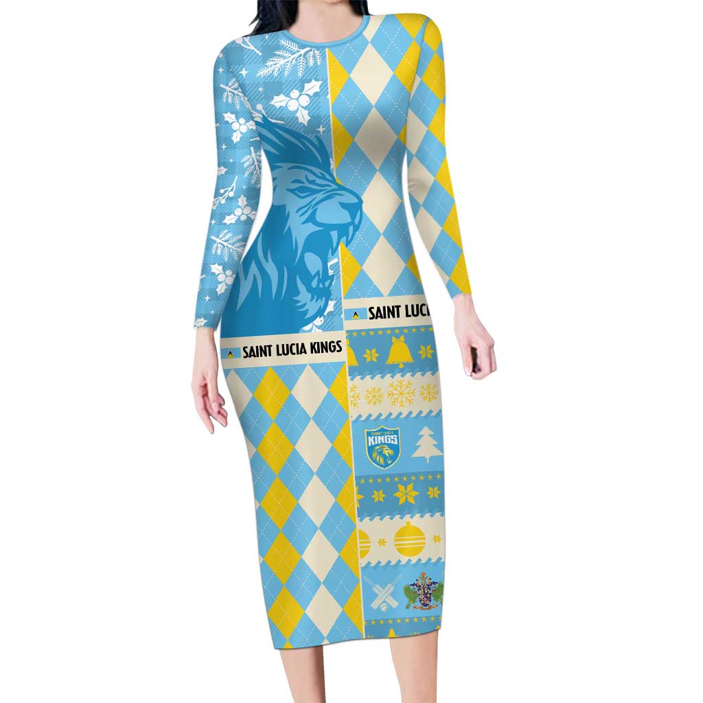 Personalized St Lucia Cricket Christmas Long Sleeve Bodycon Dress Merry Xmas Kings - Wonder Print Shop