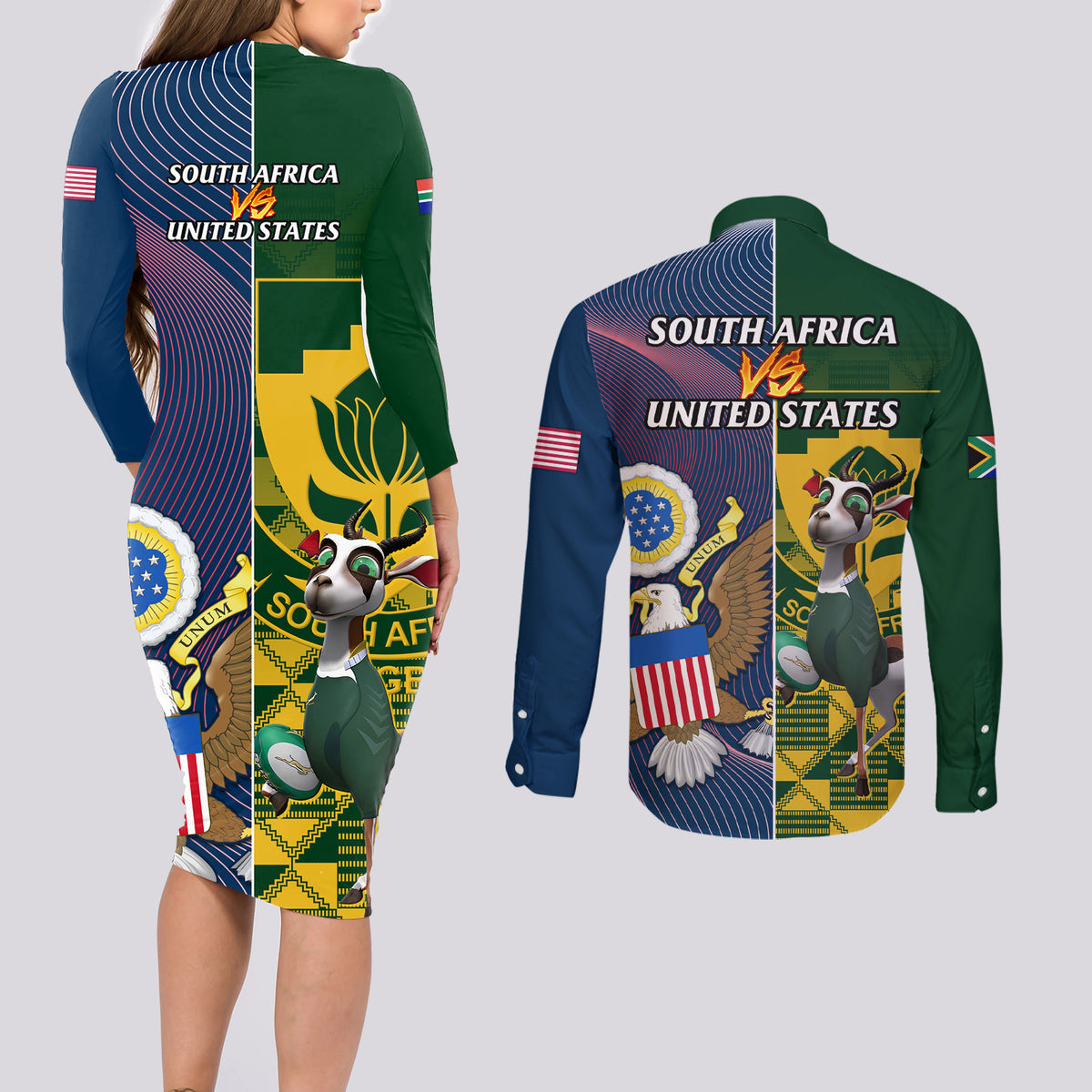 South Africa And United States Rugby Couples Matching Long Sleeve Bodycon Dress and Long Sleeve Button Shirts 2023 Springboks Combine Eagles - Wonder Print Shop